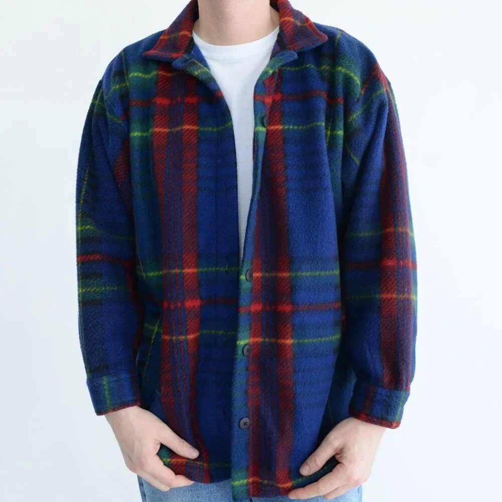 Vintage 90'S North Crest Red & Blue Checker Print Fleece Button Up Shacket